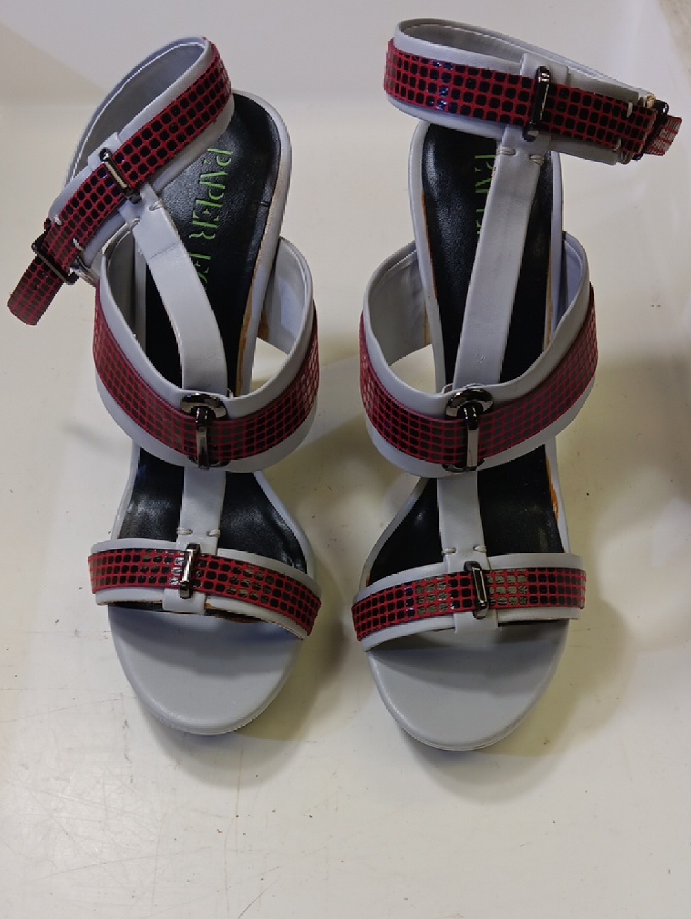 Women's Vintage Gray and Red Strappy High-Heel Sandals